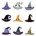 Set of different cartoon witch hats isolated on white background. Children kid costume masquerade party. Design elements for Royalty Free Stock Photo