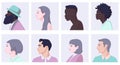 Set of different cartoon woman and man face side view vector flat illustration