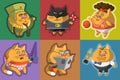 Set of different characters ginger cats flat style on colorful backgrounds