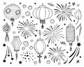 Set of different Chinese paper lanterns and fireworks. Hand drawn black and white vector sketch illustration Royalty Free Stock Photo