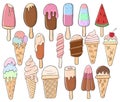 Set of different chocolate, fruit and berry ice cream hand drawn for summer cards