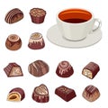 Set with different chocolate sweets and cup of tea. Objects isolated on white background. Illustration can be used for restaurants Royalty Free Stock Photo