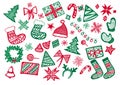 Set of different Christmas elements in red and green colors on a white background. Doodle Royalty Free Stock Photo