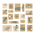 Set of different christmas presents in kraft paper with twine ribbon and wreaths. Rustic gift box. Eco decoration