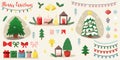 Set with different Christmas trees, gifts, candles and decoration elements, vector Royalty Free Stock Photo