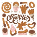 Set of different churros with chocolate sauce cups. Mexican sweet snack collection. Hand drawn contourvector