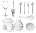 Set with different clean dishware and cutlery on white background Royalty Free Stock Photo