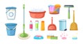 Set different cleaning accessories. Hygienic supplies tools for cleansing service
