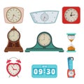 Set of different clocks and hand watches isolate on white