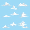 Set of 9 different cloud. Cartoon clouds isolated on blue sky panorama vector collection. Cloudscape in blue sky, white cloud Royalty Free Stock Photo