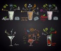 Set of different cocktails: mojito, mojito diablo, long island ice tea, martini, bloody mary and mulled wine. Royalty Free Stock Photo