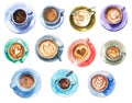 Set of different coffee cups, hand drawn watercolor illustration.