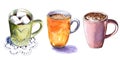 Set of different coffee cups, hand drawn watercolor illustration.