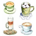 Set of different coffee cups, hand drawn watercolor illustration.