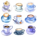 Set of different coffee cups, hand drawn watercolor illustration.