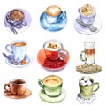 Set of different coffee cups, hand drawn watercolor illustration.