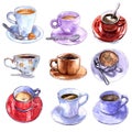 Set of different coffee cups, hand drawn watercolor illustration.