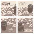 Set with different coffee objects on sepia vintage background: cups, coffee grinders, coffee makers, coffee beans. Royalty Free Stock Photo