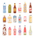 Set of different cold drinks in glass, plastic bottles, aluminum cans with colorful labels and packaging design. Soda