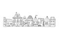 Vector illustration of a street with cute little houses in doodle style. Black and white contour houses. Hand-drawn illustration Royalty Free Stock Photo