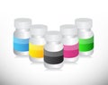 Set of different color medicine pill jars.