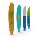 Set of different color surf boards on white 3D Illustration Royalty Free Stock Photo