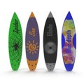 Set of different color surf boards on white 3D Illustration Royalty Free Stock Photo