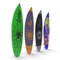 Set of different color surf boards on white 3D Illustration Royalty Free Stock Photo