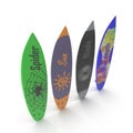 Set of different color surf boards on white 3D Illustration Royalty Free Stock Photo