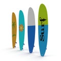 Set of different color surf boards on white 3D Illustration Royalty Free Stock Photo