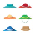 Set of different colored beach hats.