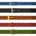 Set of different colored buttoned to buckle belts isolated on white background. Element of clothing design. Belt trouser