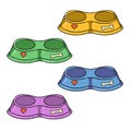 A set of different colored icons, a double bowl for dogs, vector cartoon