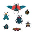 A set with different colored insects. Illustration of abstract bright beetles, flies, butterflies. Types of insect with