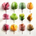 Set of different colored palm leaves isolated on a white background