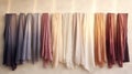 Set of different colored scarves hanging on the wall, 3d render Generative AI Royalty Free Stock Photo