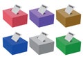 Set of different colored voting ballot boxes isolated against white background. Concept of freedom or democracy