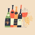 A set of different colored wine bottles and a glass of wine. Wine festival. Vector illustration Royalty Free Stock Photo