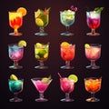 Set of different colorful cocktails. Cocktails collection on dark background Royalty Free Stock Photo