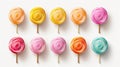 Set of different colorful cotton candies isolated on white background, rainbow shades colors. Royalty Free Stock Photo