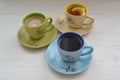 Set with different colorful cups of coffee espresso, cappuccino and tea Royalty Free Stock Photo