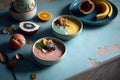 Set of different colorful desserts in bowls on multicolored background. Generative AI