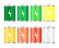 Set of different colorful icons from the battery charge level fully charged after full discharge, green,yellow,orange,red with a f