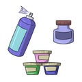 A set of different colorful jars with paints, vector illustration in cartoon style