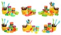 Set with different colorful play dough, tools and pencils on white background. Banner design Royalty Free Stock Photo