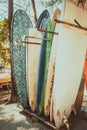 Set of different colorful surf boards in a stack Royalty Free Stock Photo