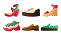 Set of different colorful types of shoes. Vector illustration in flat cartoon style. Royalty Free Stock Photo