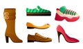 Set of different colorful types of shoes. Vector illustration in flat cartoon style. Royalty Free Stock Photo