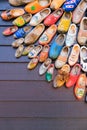 Set of different colorful vintage Dutch wooden clogs