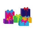 Set of different colorful wrapped gift boxes. Flat design. Beautiful present with bow. Symbol and icon for Christmas gift box. Iso Royalty Free Stock Photo